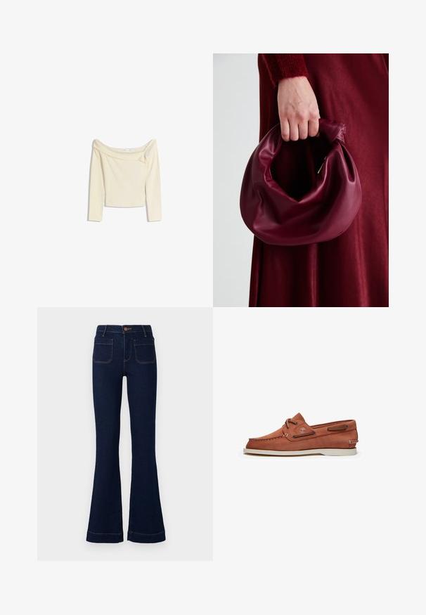 Off-the-shoulder, lange mouwen top in crème, gemaakt van een zachte, elastische stof met een licht cropped ontwerp en geribbelde halslijn.; Donkerblauwe flared jeans met een hoge taille, vijf zakken en contrasterende stiksels. Gemaakt van denimstof met een soepele textuur.; Bruine leren bootsschoen met witte zool, ronde neus en vetersluiting. Heeft een logo en stiksel langs de bovenrand.; Bordeaux leren handtas met een zacht, gegathered ontwerp en een ronde vorm. De handgreep is stevig bevestigd en toont een gladde textuur.