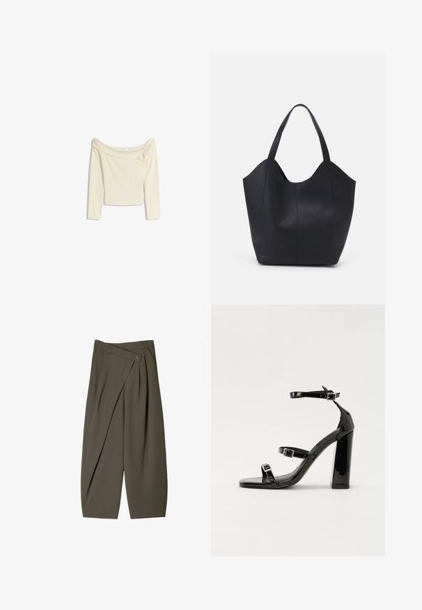 Top bez naramenica s dugim rukavima u krem boji, izrađen od mekog, rastezljivog materiijala s blago skraćenom konstrukcijom i rebrastim izrezom.; Široke hlače od tamno maslinaste tkanine, s naboranim prednjim dijelom, kopčanjem na gumb i sjajnom, teksturiranom površinom.; Crne lakirane sandale na pete sa kvadratnim nosom, trakama oko gležnja i srebrnim kopčama. Imaju čvrst blok petu za stabilnost.; Crna torba od glatke kože, s zakrivljenim otvorenim vrhom, dva remena za rame i minimalističkim dizajnom.