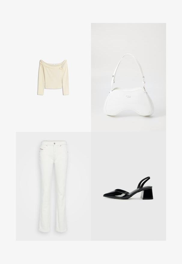 Bluză cu umerii la vedere, cu mâneci lungi, de culoare crem, fabricată dintr-un material moale și elastic, cu un design ușor scurtat și guler cu textura asemănătoare cu un côt mărginit.; Jeans albe evazate din denim, cu un design cu cinci buzunare, închidere cu nasture și cusături subtile pe talie și buzunare.; Pantofi cu toc slingback din piele lacuită neagră, cu vârf ascuțit și toc geometric. Prezintă un design elegant, minimalist și o textură netedă.; Geantă albă cu o suprafață netedă și lucioasă, formă curbată și o singură curea ajustabilă. Prezintă un logo embosat pe față.