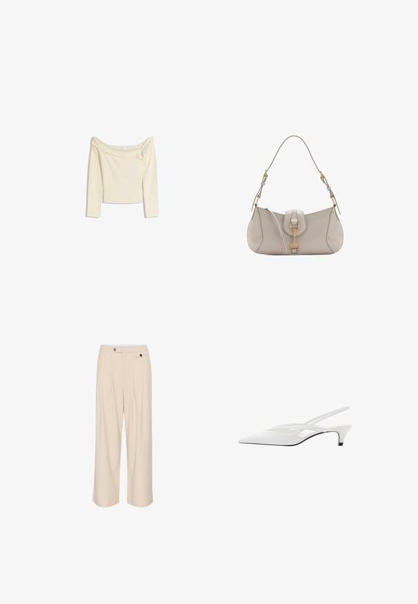 Off-the-shoulder, lange mouwen top in crème, gemaakt van een zachte, elastische stof met een licht cropped ontwerp en geribbelde halslijn.; Beige wijde broek met een platte voorkant, twee zijzakken, een knoopsluiting en geplooide details voor extra textuur en ontwerp.; Witte slingback hak met spitse neus, voorzien van een gladde bovenkant, subtiele uitsparingen en een lage blokhak. Zwarte zool accentueert het ontwerp.; Lichtgrijze leren handtas met een gebogen vorm, gouden accenten, een sluiting aan de voorkant en gestikte details. Inclusief verstelbare schouderriem.