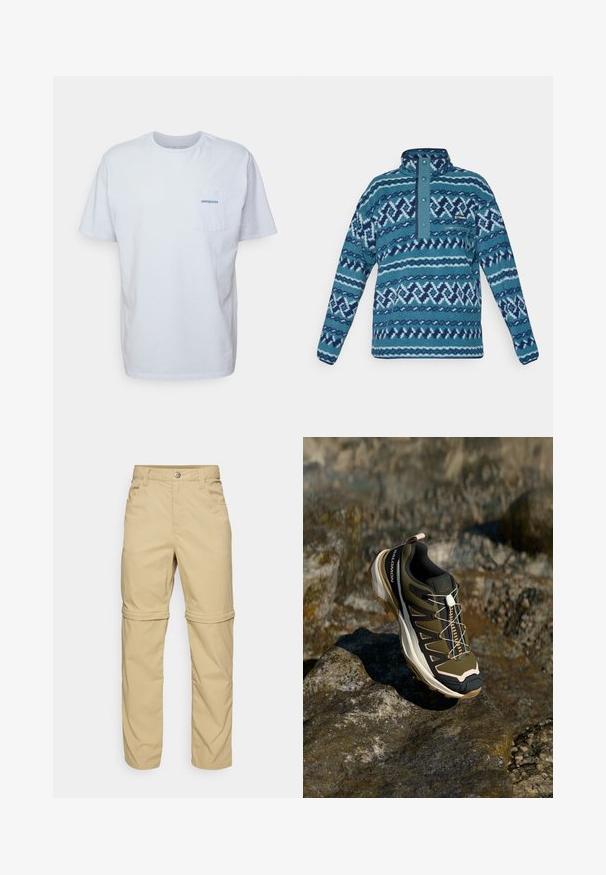 Mėlynas raštuotas fliso pūstsukis su mygtukais, užtrauktuku užsegamu krūtinės kišenė ir ilgomis rankovėmis, tinkamas šaltam orui.; Balta medvilninė marškinėliai su trumpomis rankovėmis, apvaliu kaklu ir kairėje krūtinės pusėje esančia kišenėle, turinčia mėlyną "Patagonia" logotipą. Klasikinis siluetas su lygiu paviršiumi.; Šviesiai rudos kelnių su užtrauktuku, turinčių lygų paviršių, su dviem šoninėmis kišenėmis, mygtuko uždarymu ir sukabinamais kelnių galais, kad būtų galima naudoti įvairiai.; Žygio batai olivų žalios ir juodos spalvos su rožiniais akcentais. Turi tekstūruotą viršutinę dalį, lankstų pado tipą, sustiprintą pirštų dalį ir spalvingą raištelių sistemą.