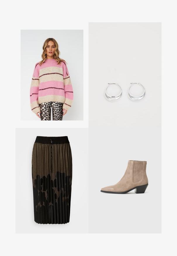Gestreepte trui in roze, beige en donkerbruin, gemaakt van zachte, gestructureerde stof. Heeft een ontspannen pasvorm en wijde mouwen.; Zwarte geplisseerde rok met een netoverlay met een stippenpatroon, elastische tailleband met trekkoord en een middellange snit.; Beige suède enkellaars met een spitse neus en een gevormde hak, met verticale stiksels aan de zijkanten.; Zilveren creolen met een gepolijste afwerking en DKNY-branding, weergegeven tegen een effen witte achtergrond.