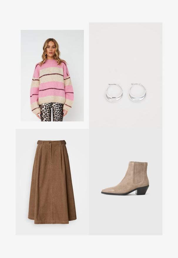 Csíkos pulóver rózsaszín, bézs és sötétbarna színben, puha, texturált anyagból készült. Lazán illeszkedő fazonnal és széles ujjakkal rendelkezik.; Barna kordbársony szoknya magas derékkal, gombos záródással és pliszírozott dizájnnal, sima textúrával és térd középig érő hosszúsággal.; Beige velúr bokacsizma hegyes orral és formázott sarkal, oldalán függőleges varrási díszítéssel.; Fényes felületű ezüst karika füli, DKNY márkázással, sima fehér háttér előtt.