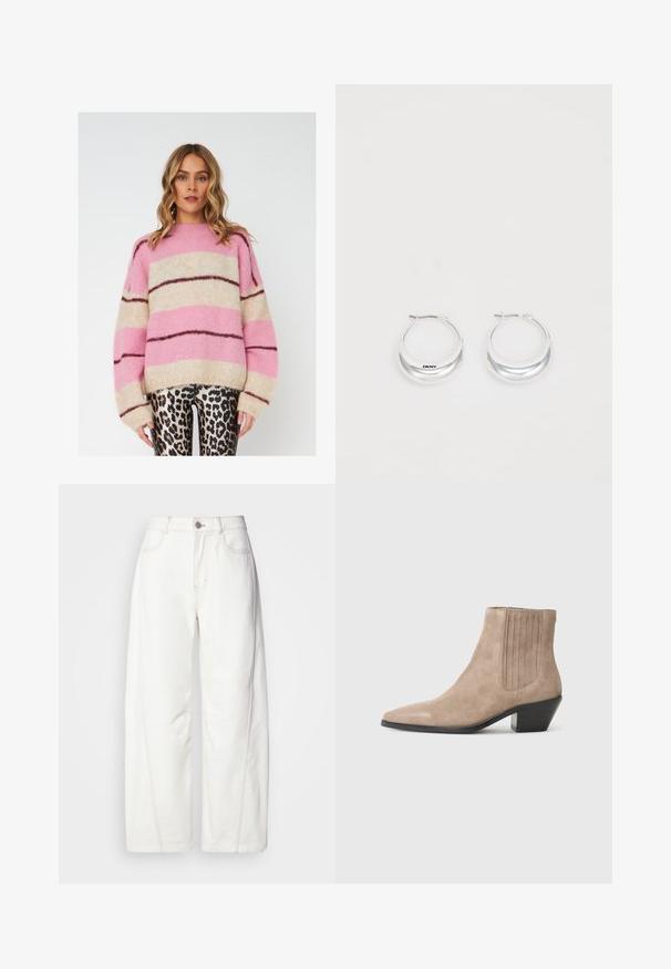 Suéter a rayas en rosa, beige y marrón oscuro, hecho de un tejido suave y texturizado. Presenta un corte relajado y mangas amplias.; Jeans anchos blancos hechos de denim con costuras visibles. Presentan un cierre de botón y una ligera textura. Bolsillos en la parte delantera.; Botín de ante beige hasta el tobillo con punta afilada y tacón moldeado, que presenta destacados de costura vertical en los lados.; Pendientes de aro de plata con un acabado pulido y la marca DKNY, exhibidos sobre un fondo blanco liso.