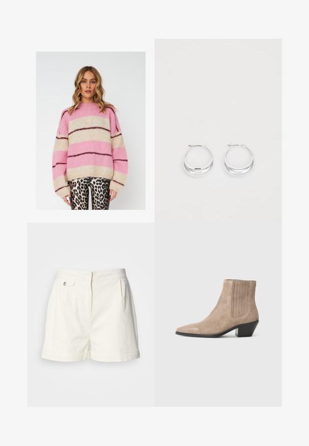 Pruhovaný svetr v růžové, béžové a tmavě hnědé barvě, vyrobený z měkké texturované látky. Má volný střih a široké rukávy.; Bílé bavlněné šortky s plochým předním dílem, bočními kapsami, předními plisovanými detaily a jedním knoflíkem na zapínání v pase. Přizpůsobený střih, hladká textura.; Beige semišové kotníkové boty s špičatou špičkou a tvarovaným podpatkem, se svislými stehy na bocích.; Stříbrné kruhové náušnice s leštěným povrchem a značkou DKNY, umístěné na čistém bílém pozadí.