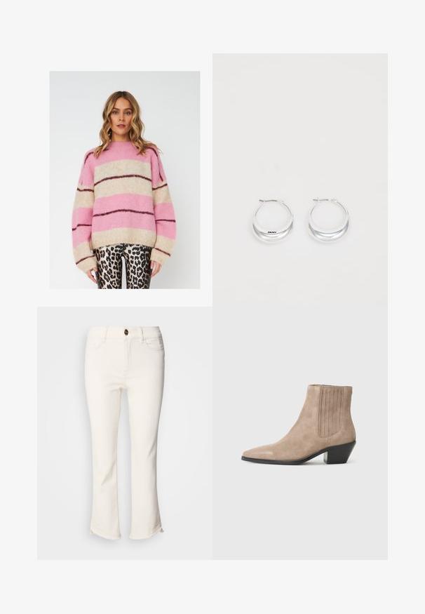 Raidallinen villapaita vaaleanpunaisena, beigena ja tummanruskeana, valmistettu pehmeästä, teksturoidusta kankaasta. Ominaisuudet rento istuvuus ja leveät hihat.; Valkoiset, lyhyet farkut, joissa on levenevä lahje. Varustettu napituksella, etutaskuilla ja hieman purkautuvalla helmapuolella. Farkkukangasta.; Nude mokasíny s špičatou špičkou a tvarovaným podpätkom, s vertikálnym prešívaním na stranách.; Hope hopea, joissa on kiiltävä pinta ja DKNY-brändäys, aseteltuna yksinkertaista valkoista taustaa vasten.