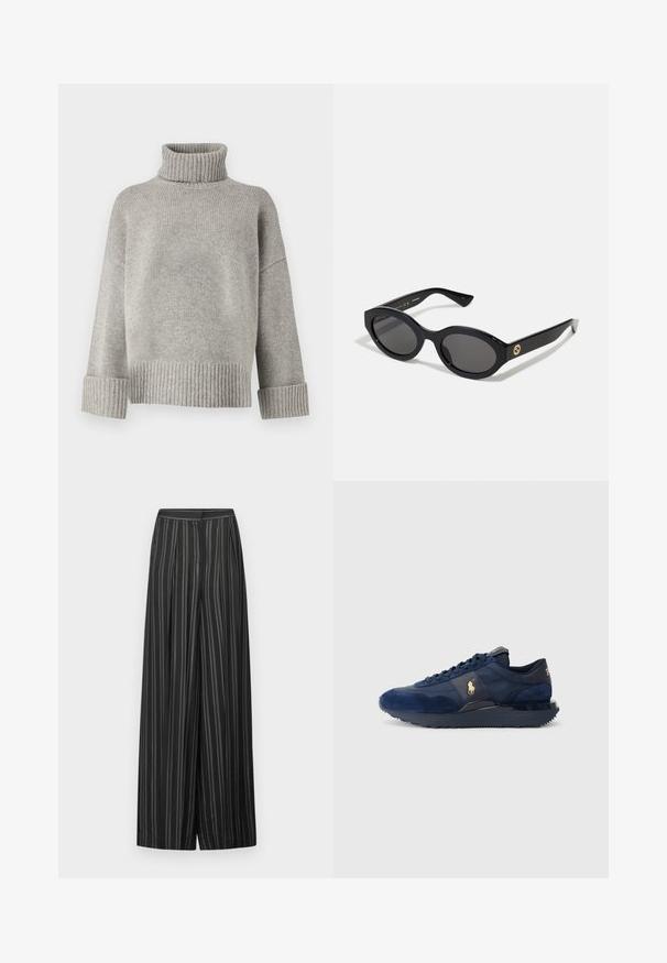Harmaan vilttipuseron turtleneck-malli, joka on valmistettu pehmeästä neulomasta materiaalista. Varusteena on ribbisaumat hihansuissa ja helma. Ominaisuuksiin kuuluu rento leikkaus ja jämäkkä kaula-aukko.; Valkoinen napapaita, joka on valmistettu sileästä puuvillasta, klassisella kauluksella, suoran helman ja vaaleanbeigeillä napeilla edessä.; Mustat leveät housut, joissa on pystysuorat harmaat raidat, korkea vyötärö ja tasainen etupuoli, valmistettu sileästä kankaasta, jossa on pehmeä rakenne.; Tummansiniset urheilujalkineet, joissa on mokka- ja verkkokankaita, muovipohja, nauhakiristys ja kultainen logoelementti.; Mustat soikeat aurinkolasit tummilla linsseillä ja kiiltävästä muovista valmistetulla kehällä. Varustettu kullanvärisellä logolla temppeleissä, tarjoten tyylikkään ja modernin muotoilun.; Mustan kangaskassi, jossa on selkeä kohokuvioitu ympyrälogo. Sileä pinta ja kontrastiväriset nahkaosiot.