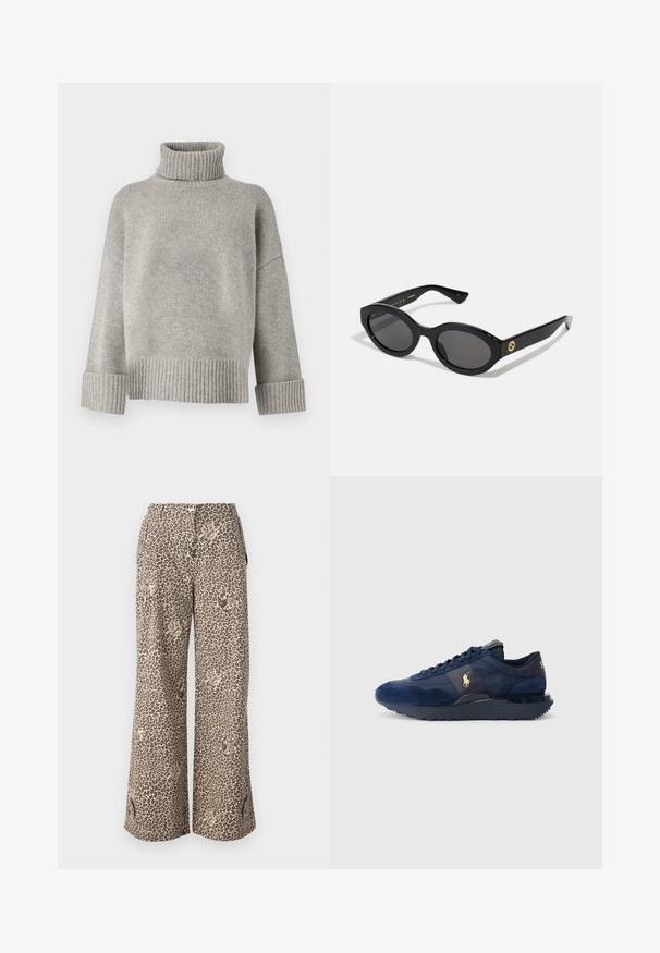 Grå turtleneck sweater lavet af blødt strikmateriale med ribbede manchetter og kant. Har en afslappet pasform og en struktureret halsudskæring.; Hvid skjorte med knapper lavet af glat bomuld med en klassisk krave, der har en lige søm og beige knapper langs forsiden.; Bredde bukser med leopardmønster i tan- og brune nuancer, lavet af blødt stof, med sidelommer og en knaplukning i taljen.; Mørkeblå sportsko med ruskind og mesh-materialer, udstyret med gummisål, snørebåndsdesign og en gylden logoaccent.; Sorte ovale solbriller med mørke linser og blank plastramme. Har et guldlogo på stykket, hvilket giver et slankt og moderne design.; Guldmetalløreringe med et bølget design; glat, reflekterende overflade; asymmetrisk form; ingen synlige mønstre eller hardware.