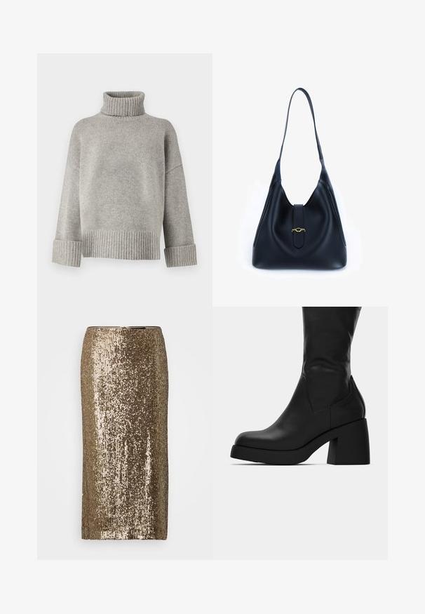 Siv pulover s turtleneck ovratnikom, izdelan iz mehkega pletenega materiala, z rebrastimi manšetami in obrobo. Ima sproščen kroj in strukturiran dekolte.; Zlata svila svinčasta krila s ravno obliko, teksturno površino in zapiranjem na zadrgo zadaj. Odbijajoče svile pokrivajo celotno tkanino.; Črne usnjene škornje do meč s debelim blokastim petami in okroglo konico, prikazane s stranske strani na belem ozadju.; Črna usnjena torbica s mehkobo in sproščenim dizajnom. Ima raven trak in osrednje zapiranje z zlatim poudarkom.