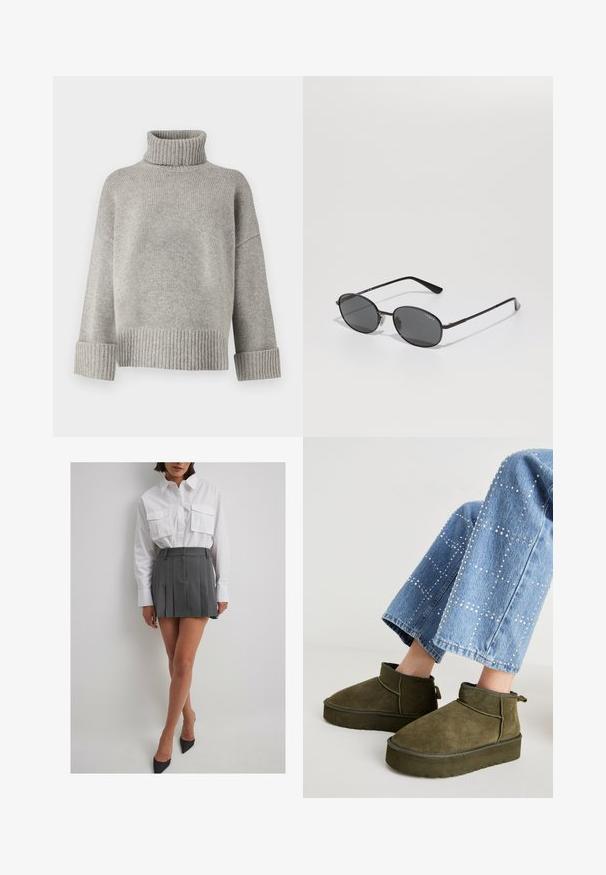Grijze coltrui gemaakt van zachte gebreide stof met geribbelde manchetten en zoom. Heeft een relaxte pasvorm en een gestructureerde halslijn.; NA-KD A-lijn rok - grey; Olijfgroene suède enkellaarsjes met een dikke, gestructureerde zool en een trekband. Gecombineerd met lichtblauwe, versierde spijkerbroek.; Zwarte ovale zonnebril met donkere lenzen, dunne metalen frame en rechte pootjes. Bevat een merkl logo op de binnenkant van de poot en neussteun.; Zwarte stoffen tas met een gestructureerd, gewatteerd patroon. Rondvormig, korte, dikke handvatten en een zachte, flexibele structuur.