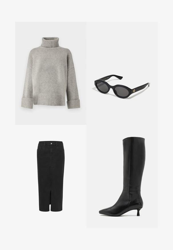 Grijze coltrui gemaakt van zachte gebreide stof met geribbelde manchetten en zoom. Heeft een relaxte pasvorm en een gestructureerde halslijn.; Zwarte denim midi-rok met een voorkflies, rechte snit, vijf zakken, knoopsluiting en riemlussen. Zachte textuur en klassiek ontwerp.; Zign Laarzen - black; Zwarte ovale zonnebril met donkere glazen en een glanzend kunststof frame. Heeft een gouden logo op de poot, dat een strakke en moderne uitstraling biedt.; Zwarte suède clutchtas met een ritssluiting en een afneembare polsband. Voorzien van goudkleurige hardware en een gladde, matte textuur.