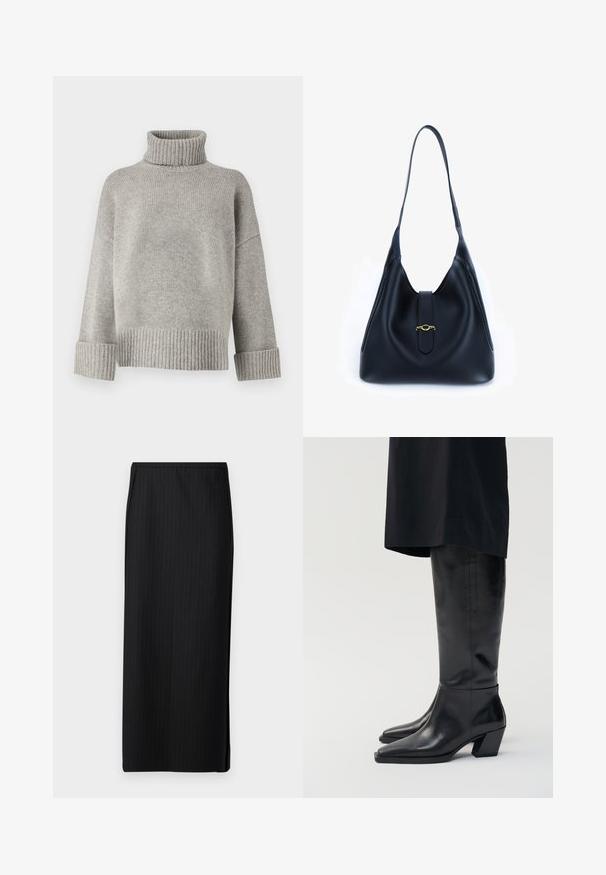 Harmaan vilttipuseron turtleneck-malli, joka on valmistettu pehmeästä neulomasta materiaalista. Varusteena on ribbisaumat hihansuissa ja helma. Ominaisuuksiin kuuluu rento leikkaus ja jämäkkä kaula-aukko.; Bruuns Bazaar BILL MAIAN SKIRT - Kynähame - black; Mustat nahkasaappaat polven korkeudelle, joissa on terävä nenä ja neliönmallinen korko. Saappaissa on sileä pinta ja minimalistinen muotoilu.; Mustat nahkakahvilaukku, jossa on pehmeä ja rento muotoilu. Varustettu litteällä hihnalla ja keskikohdan sulkemisella, jossa on kultainen yksityiskohta.