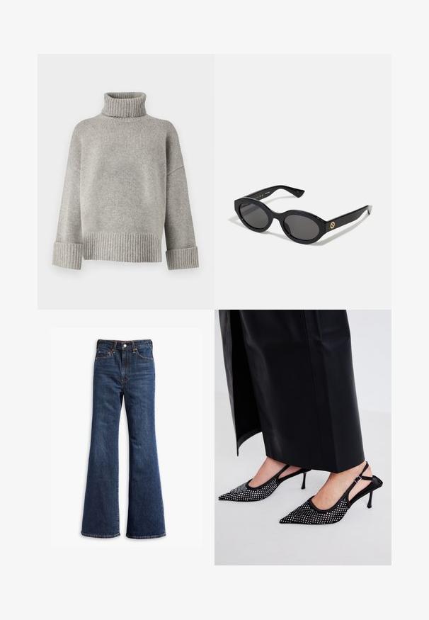 Sivý rolák vyrobený z jemnej pleteniny, s rebrovanými manžetami a lemom. Má voľný strih a štruktúrovaný výstrih.; Džíny z tmavomodrého denimu s vysokým pásom, rozšírenými nohavicami, predným zapínaním na gombík a zips a dizajnom s piatimi vreckami.; Simmi London LIGHT - Obuv na vysokom opätku - black; Čierne oválne slnečné okuliare s tmavými sklami a lesklým plastovým rámom. Obsahujú zlaté logo na stráne, čo im dáva elegantný a moderný dizajn.