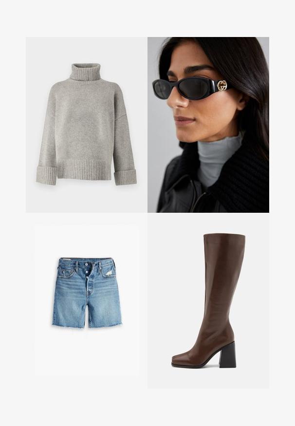 Maglione grigio a collo alto realizzato in morbido tessuto a maglia con polsini e orlo a coste. Presenta una vestibilità rilassata e un colletto strutturato.; Shorts in denim azzurro chiaro con orlo sfrangiato, chiusura a bottone e design a cinque tasche. Presentano una leggera usura sul davanti.; RAID RENZO - Stivali alti - brown; Occhiali da sole neri con una montatura rettangolare elegante e un accento del logo dorato sul lato. Le lenti scure e la finitura lucida sono evidenti.; Borsa hobo in pelle rossa con un design ampio e morbido e una grande apertura, caratterizzata da una sottile texture e un logo impresso sul davanti.