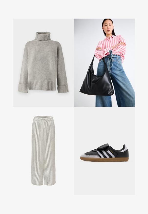 Pull en col roulé gris en maille douce avec des poignets et un ourlet côtelés. Présente une coupe décontractée et un col structuré.; Pantalons larges en mélange de lin avec un motif rayé beige et gris. Comprend une taille élastique avec cordon de serrage et deux poches avant.; Baskets en cuir noir et en suède gris avec des rayures blanches, semelle en caoutchouc, lacets à l'avant et sangle Velcro. Présente le logo "Samba" en doré.; Sac à épaule en cuir noir avec une forme décontractée et des détails de couture. Le modèle porte une chemise rayée rose et blanche avec un jean bleu à jambes larges.; Boucles d'oreilles avec clou en métal doré et design torsadé. Chaque boucle d'oreille est dotée d'un arrière transparent circulaire pour un port sécurisé.