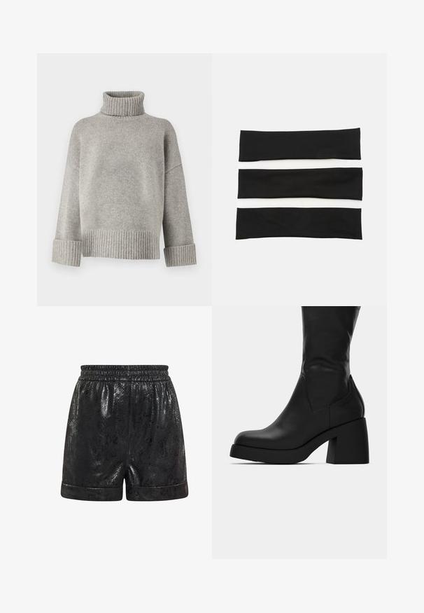 Grau gestrickter Rollkragenpullover aus weichem Strickmaterial mit gerippten Bündchen und Saum. Verfügt über einen lockeren Schnitt und einen strukturierten Kragen.; Schwarze Shorts aus glänzendem, strukturiertem Material mit Schlangenledermuster. Elastischer Bund und umgeschlagene Säume. Geeignet für lässige Kleidung.; Schwarze Lederstiefelette bis zur Mitte der Wade mit kräftigem Blockabsatz und runder Zehenpartie, seitliche Ansicht auf weißem Hintergrund.; Set aus drei elastischen Haarbändern in Schwarz und Weiß, mit glatter Textur und einem einfachen, flachen Design. Jedes Band hat eine einheitliche Breite.