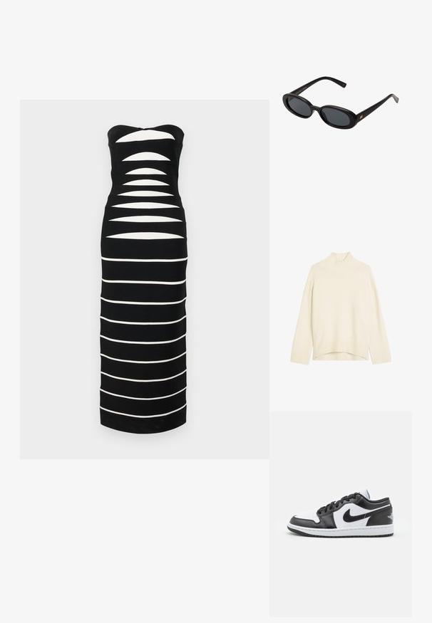 Crème-kleurige coltrui gemaakt van zachte gebreide stof. Heeft geribbelde manchetten en onderrand, met een ontspannen pasvorm en verlaagde schouders.; Hervé Léger THE CAMERON GOWN - Gebreide jurk - black; Zwart-witte Nike lage sneakers hebben een glad leren bovenwerk, een ronde neus, vetersluiting en een gestippelde rubberen zool.; Zwarte oversized zonnebril met ovale lenzen, een glad plastic montuur en gouden accenten op de pootjes. Donkere lenzen bieden bescherming tegen de zon.; Donkerbruine suède schoudertas met verstelbare riem, hardware in goudkleur en een groot voorflapsluiting.