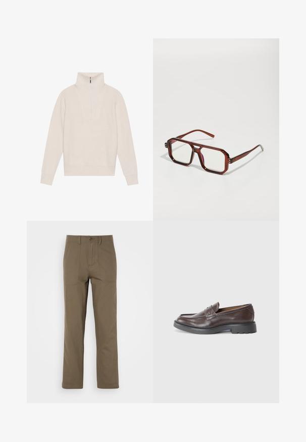 Pulover s dolgimi rokavi in turtleneck ovratnikom v svetli bež rebrasti tkanini, z delnim zadrgo na vratu in kvadratno silhueto.; Kaki bombažne hlače s ravnim krojem, ki vključujejo dva sprednja žepa, gumbasto zapiranje in gladko teksturo.; Rjavi usnjeni loafersi z gladko površino, okroglo konico, minimalnim šivom in debelim črnim gumijastim podplatom. Brez vidnih kovinskih delov ali naglasi.; Rjavi prozorni preko velikh naočala s pravokutnim lećama i tankim okovima. Kutni, blago zaobljeni rubovi i vidljivi hardverski detalji.; Platnena torba v olivno zeleni barvi z rjavimi usnjenimi detajli, ki ima dvojne ročaje, odstranljiv ramenski trak in sprednji žep na zadrgo.