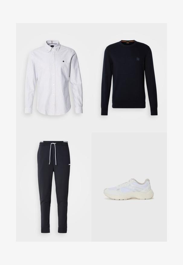Marinblå stickad tröja med långa ärmar, rundad halsringning, ribbade manschetter och nederkant, med en liten fyrkantig logotyp på bröstet.; Skjorta med knappar i ljusblå och vita vertikala ränder, med en spetsig krage och en liten broderad logotyp på bröstet.; Svarta slim-fit joggerbyxor med vit dragsko, elastisk midja med vita ränder och en liten vit logotyp på övre låret.; Vitaidrottsskor i mesh och mocka med en strukturerad mellansula, texturerade accenter och "HUGO"-logotypen på sidan.