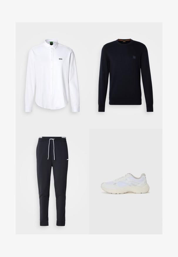 Tmavě modrý pletený svetr s dlouhými rukávy, kulatým výstřihem, ribbovanými manžetami a lemem, s malou čtvercovou nášivkou loga na hrudi.; Bílá košile na knoflíky vyrobená z bavlny, s klasickým límcem a jemně vyšitým logem na levé hrudi. Hladká textura.; Černé slim-fit jogger kalhoty s bílým stahovacím proužkem, elastickým pasem s bílými pruhy a malým bílým logem na horní části stehna.; Bílé sportovní boty vyrobené z síťoviny a semiše, s texturovanou mezipodešví, texturovanými akcenty a logem "HUGO" na boku.