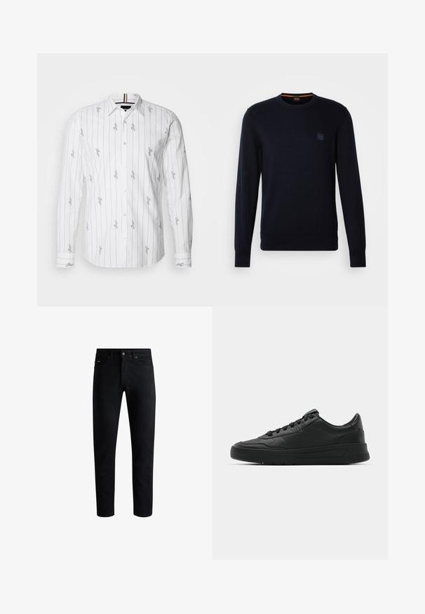 Sötétkék kötött pulóver hosszú ujjakkal, kerek nyakkal, bordás mandzsettával és szegéllyel, kis négyzet alakú logóval a mellkason.; Fehér, hosszú ujjú ing, függőleges fekete csíkokkal és nyomtatott aláírásokkal. Klasszikus gallér, gombos elülső rész, texturált anyaggal.; Fekete, slim-fit farmernadrág, öt zsebbel, gombos záródással és övbújtatókkal, fehér háttér előtt bemutatva.; Fekete sneaker sima bőr felsőrésszel, kerek orral, lapos fűzőkkel, párnázott nyakkal és minimalista dizájnnal. Gumi talp finom profillal.
