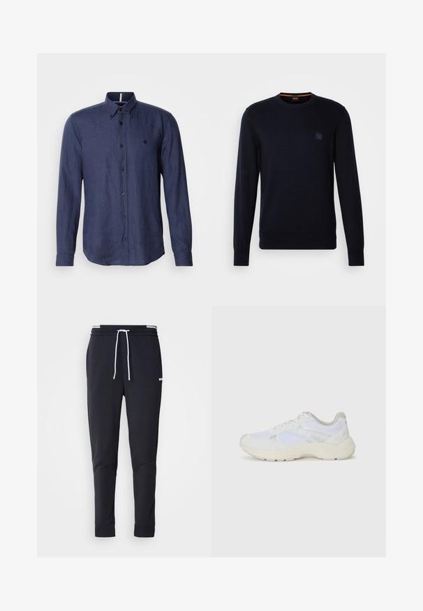 Pulover din tricot de culoare albastru marin, cu mâneci lungi, guler rotund, manșete și tiv ondulat, având un mic patch cu logo pătrat pe piept.; Cămașă cu mâneci lungi, de culoare albastru marin, din in, având guler cu nasturi, nasturi închisi la culoare și un detaliu subtil cu logo pe piept.; Pantaloni jogger slim-fit negri cu șnur alb, talie elastică cu dungi albe și un mic logo alb pe coapsa superioară.; Adidași albi, din plasă și piele întoarsă, cu o talpă intermediară texturată, accente texturate și logo-ul "HUGO" pe lateral.