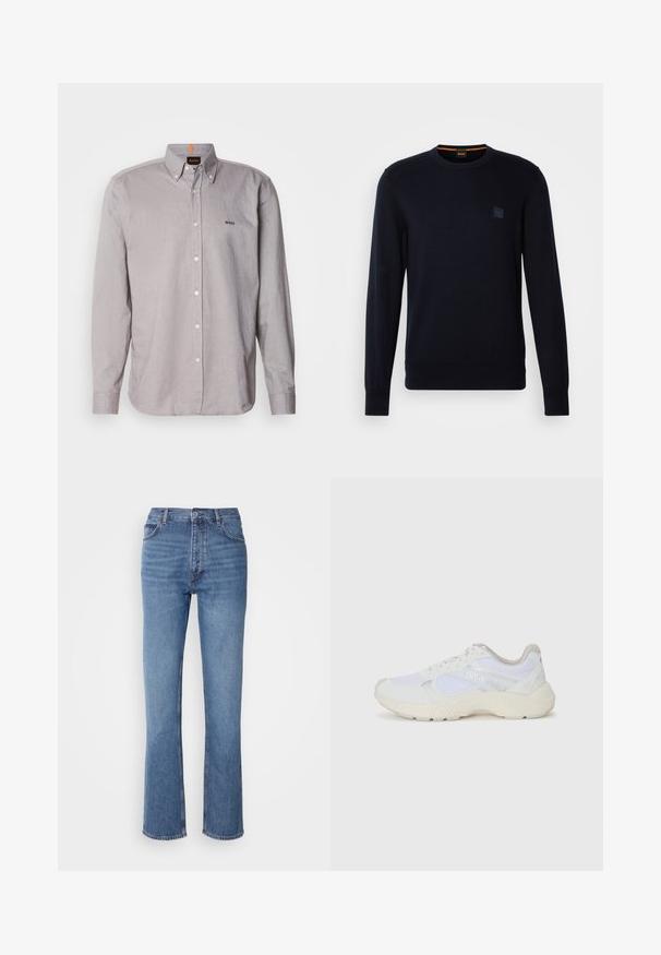 Marineblauwe gebreide trui met lange mouwen, ronde hals, geribbelde manchetten en zoom, met een klein vierkant logo-opdruk op de borst.; Lichtgrijze overhemd in een lichte stof, met een kraag, lange mouwen en een klein geborduurd logo op de borst.; Blauwe denim jeans met een hoge taille, een recht pasvorm en subtiele vervaging. Kenmerkt zich door de klassieke vijf-pocketstijl en een ritssluiting.; Witte sportief schoenen van mesh en suede, met een gestructureerde tussenzool, gestructureerde accenten en het "HUGO" logo aan de zijkant.