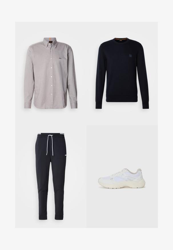 Marineblauwe gebreide trui met lange mouwen, ronde hals, geribbelde manchetten en zoom, met een klein vierkant logo-opdruk op de borst.; Lichtgrijze overhemd in een lichte stof, met een kraag, lange mouwen en een klein geborduurd logo op de borst.; Zwarte slim-fit joggerbroek met witte trekkoord, elastische tailleband met witte strepen en klein wit logo op het bovenbeen.; Witte sportief schoenen van mesh en suede, met een gestructureerde tussenzool, gestructureerde accenten en het "HUGO" logo aan de zijkant.