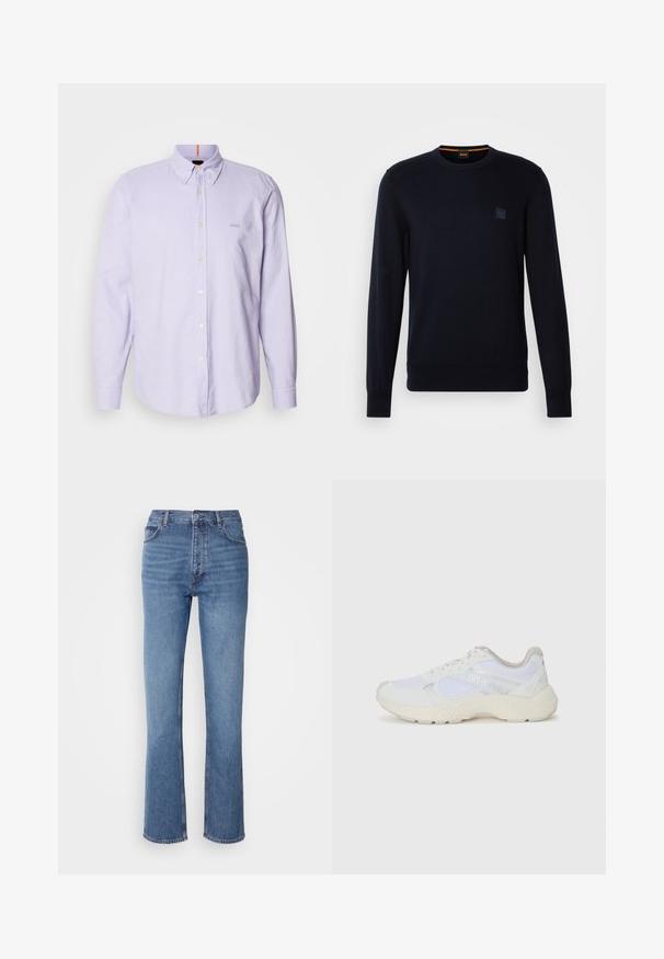 Tumman sininen neulepusero, jossa on pitkät hihat, pyöreä kaula-aukko, ribattuja hihansuita ja helma, ja jossa on pieni neliölogo-pliisi rinnassa.; Vaalean violetin värinen napitettu kauluspaita, jossa on pitkät hihat, kaulus ja huomaamaton merkintä rinnassa. Paidassa on sileä pinta ja valkoiset napit.; Siniset farkut korkealla vyötäröllä, suoralla lahkeella ja hienovaraisella kulutuksella. Ominaisuuksiin kuuluu klassinen viiden taskun tyyli ja vetoketjukiinnitys.; Valkoiset urheilukengät, jotka on valmistettu verkkokankaasta ja mokasta, sisältävät tekstuurillisen välipohjan, teksturoituja yksityiskohtia ja "HUGO"-logon sivussa.