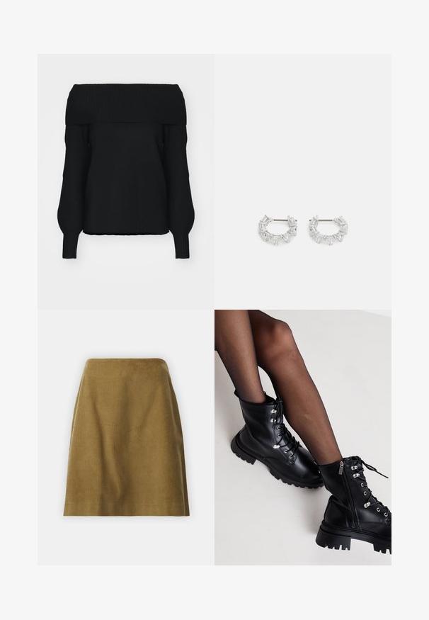 Jersey negro sin hombros, hecho de material de punto suave, con ribetes acanalados, mangas largas y un corte relajado. Sin patrones visibles.; Selected Femme SLFJENNY NEWIBI SKIRT - Falda acampanada - camel; Even&Odd Wide Fit Botines con cordones - black; Pendientes de aro de plata con cristales claros, rectangulares y triangulares dispuestos en un diseño en patrones. Con tachuelas para un cierre seguro.