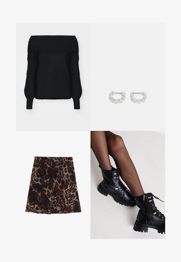 Pull noirs à épaules dénudées en maille douce, avec des bordures côtelées, des manches longues et une coupe décontractée. Pas de motifs visibles.; Jupe midi à imprimé léopard avec un design plissé, présentant une couleur de base beige avec des taches marron foncé et noires. Taille élastique pour un ajustement parfait.; Even&Odd Wide Fit Bottines à lacets - black; Boucles d'oreilles en argent en forme de créoles avec des cristaux clairs, rectangulaires et triangulaires disposés en motif. Fermeture à tige pour un maintien sûr.