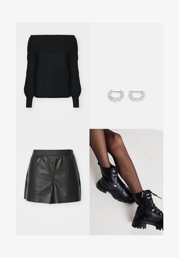 Melnā plecus atsedzošā džemperī, izgatavots no mīksta adījuma materiāla, ar ribotām malām, garām piedurknēm un brīvu piegriezumu. Nav redzamu rakstu.; Melnas ādas šorti ar elastīgu jostu, pielāgotu dizainu un sānu izliekšanos, kas nodrošina papildu kustību un ventilāciju. Gluda tekstūra.; Even&Odd Wide Fit Šņorējami puszābaki - black; Sudraba auskari ar apaļām gredzeniem, kuriem ir caurspīdīgi, taisnstūra un trīsstūra formas kristāli, sakārtoti rakstainā dizainā. Ar stiprinājuma tapas drošai fiksēšanai.