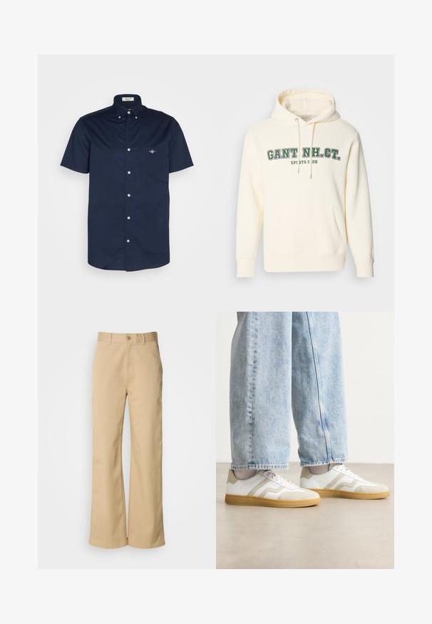 Cremfarbener Hoodie mit Kängurutasche, Kapuze mit Kordelzug und grüner Aufschrift "GANT NH. CT." und "SPORTS CLUB" auf der Vorderseite.; Marineblaues kurzärmeliges Hemd aus Baumwollstoff mit einer Tasche und kleinem Logo sowie einem Kentkragen mit Knopfverschlüssen.; Beige, weit geschnittene Hosen aus einer Baumwollmischung. Mit einem Knopfverschluss und Gürtelschlaufen. Glatte Textur mit minimalen Nähten.; Weiße Sneakers mit beigen Wildleder-Akzenten und hellen Gummisohlen; verfügen über ein Low-Top-Design und eine strukturierte Oberflächenverarbeitung.