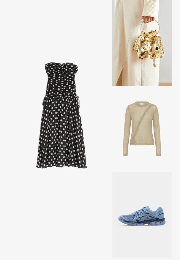 Beige sweater lavet af blødt materiale, med lange ærmer, en rund halsudskæring og en asymmetrisk knaplukning foran.; Sort stropløs kjole med hvide prikker, skræddersyet buste og flydende nederdel. Har snoretræk i siderne for justerbar pasform. Letvægtsstof.; ASICS SportStyle GEL CUMULUS 16 UNISEX - Sneakers - stone wash/independence blue; Guld paliettrækkevogn med et cirkulært håndtag, der har skinnende runde paljetter og et tekstureret stof. Dimensioner er ikke angivet.