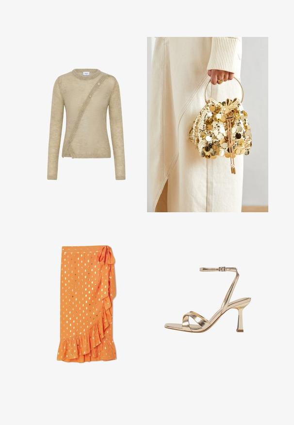 Maglione beige realizzato in materiale morbido, con maniche lunghe, scollo rotondo e chiusura con bottoni asimmetrica sul davanti.; Gonna avvolgente arancione con pois dorati, orlo arricciato e legatura laterale. Realizzata in tessuto leggero, presenta una texture liscia.; Sandal con tacco alto in metallo dorato, design con cinturini intrecciati, cinturino alla caviglia con fibbia e tacco a blocco lucido. Forma della punta quadrata.; Borsa a tracolla con coulisse in paillettes dorate e manico circolare, caratterizzata da paillettes rotonde lucide e un tessuto testurizzato. Le dimensioni non sono fornite.