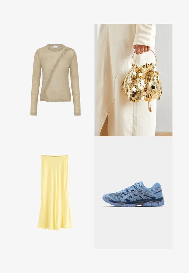 Pull beige en matière douce, avec des manches longues, un col rond et une fermeture à boutons asymétrique à l'avant.; Robe maxi en satin jaune avec une silhouette fluide. Elle présente un décolleté froncé et une texture lisse, conçue pour un port décontracté.; ASICS SportStyle GEL CUMULUS 16 UNISEX - Baskets basses - stone wash/independence blue; Sac à main en sequins dorés avec cordon de serrage et poignée circulaire, présentant des sequins ronds brillants et un tissu texturé. Les dimensions ne sont pas fournies.