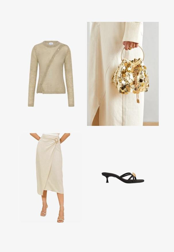 Pull beige en matière douce, avec des manches longues, un col rond et une fermeture à boutons asymétrique à l'avant.; Jupe enveloppante beige en lin texturé, dotée d'une accroche originale en métal doré et d'un ourlet asymétrique arrivant au genou.; Sandales noires à glissière avec de fines lanières croisées. Dotées d'un petit talon effilé et d'un détail doré sur la lanière. Texture lisse.; Sac à main en sequins dorés avec cordon de serrage et poignée circulaire, présentant des sequins ronds brillants et un tissu texturé. Les dimensions ne sont pas fournies.