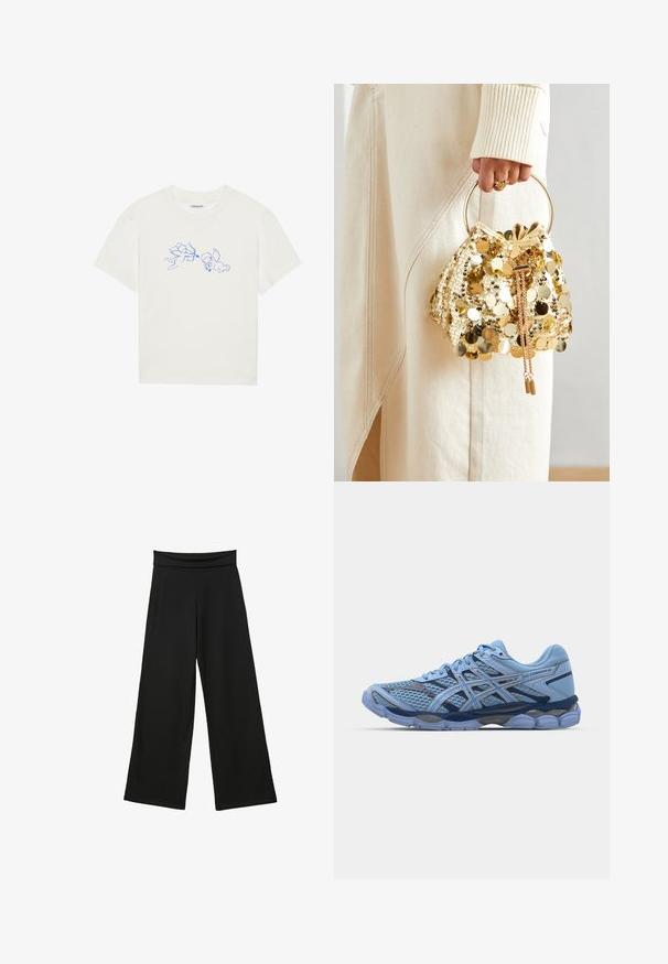 Väri bež punç yafta yažtura, litni çäva qavlahi, rašul mandala nugā un an brukan. Asymetriska kniheļa par samegat.; Valkoinen puuvillapaita, jossa on siniset ääriviivakuvitukset kahdesta leikkisässä asennossa olevasta cherubista, pyöreä kaula-aukko, lyhyet hihat ja rento istuvuus.; Mustat leveät housut pehmeästä kankaasta, joissa on korkea, joustava vyötärö, täyspitkät lahkeet ja ilman näkyviä kuvioita tai koristeita.; ASICS SportStyle GEL CUMULUS 16 UNISEX - Matalavartiset tennarit - stone wash/independence blue; Kultaista paljettikangasta oleva nyöriolkalaukku, jossa on pyöreä kahva, kiiltävät pyöreät paljetit ja teksturoitu kangas. Mittoja ei ole ilmoitettu.