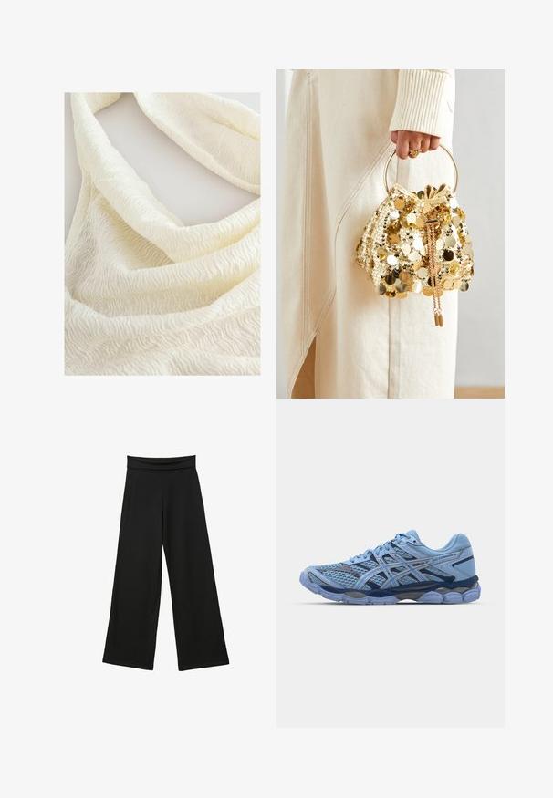 Beige sweater lavet af blødt materiale, med lange ærmer, en rund halsudskæring og en asymmetrisk knaplukning foran.; Next REGULAR FIT - TEXTURE - Top - ecru; Sorte, vide bukser lavet af blødt stof, med en høj, strækbar talje, fuldlængde ben og uden synlige mønstre eller accenter.; ASICS SportStyle GEL CUMULUS 16 UNISEX - Sneakers - stone wash/independence blue; Guld paliettrækkevogn med et cirkulært håndtag, der har skinnende runde paljetter og et tekstureret stof. Dimensioner er ikke angivet.