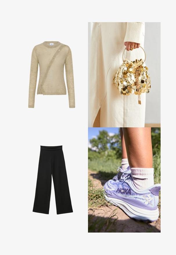 Béžový sveter vyrobený z mäkkého materiálu, s dlhými rukávmi, okrúhlym výstrihom a asymetrickým zapínaním na gombíky vpredu.; Čierne široké nohavice vyrobené z mäkkej textílie, majú vysoký elastický pás, nohavice po celú dĺžku a žiadne viditeľné vzory ani akcenty.; HOKA STINSON 7 - Trailové bežecké topánky - cosmic sky/meteor; Zlatá taška na šnurovanie so zaoblenou rukoväťou, zdobená lesklými okrúhlymi flitrami a texturovaným materiálom. Rozmery nie sú uvedené.
