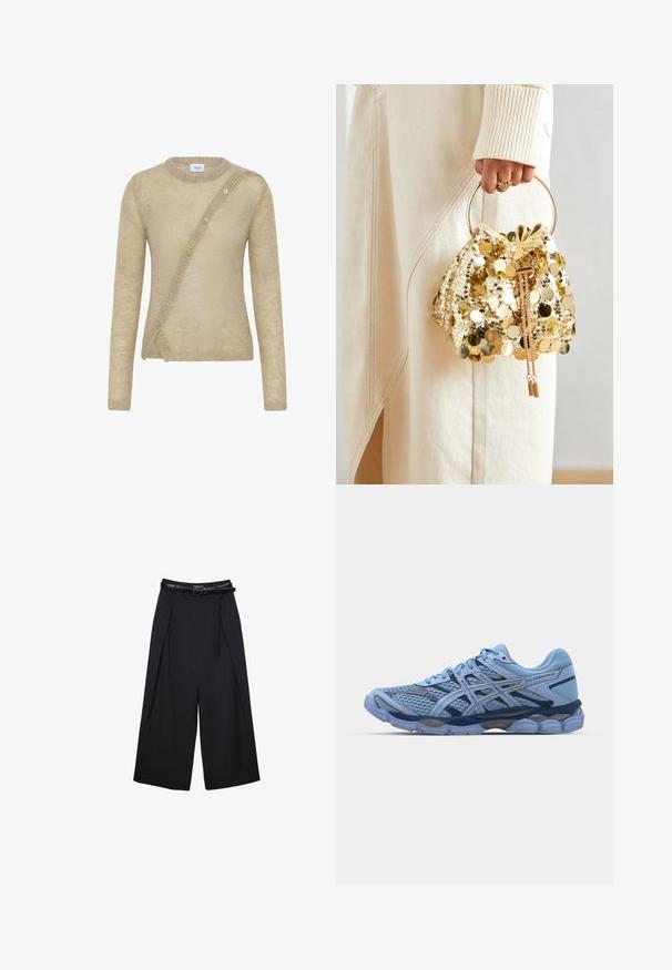Beżowy sweter wykonany z miękkiego materiału, z długimi rękawami, okrągłym dekoltem i asymetrycznym zapięciem na guziki z przodu.; Czarne spodnie z szerokimi nogawkami wykonane z gładkiego materiału, z wysokim stanem i szlufkami na pasek, z plisowanym przodem i bez widocznych wzorów.; ASICS SportStyle GEL CUMULUS 16 UNISEX niebieski; Złota torebka worek z cekinami, z okrągłym uchwytem, ozdobiona błyszczącymi okrągłymi cekinami oraz teksturowanym materiałem. Wymiary nie są podane.