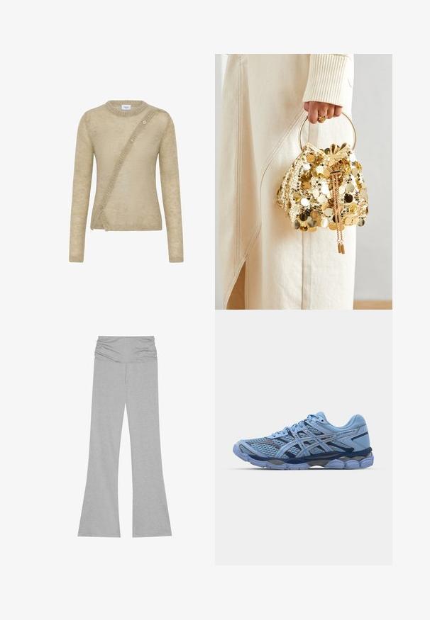Pulover bej din material moale, cu mâneci lungi, guler rotund și închidere cu butoane asimetrică în față.; Pantaloni gri evazați, confecționați dintr-un material moale și elastic. Au o talie adunată pentru confort. Textură netedă cu o croială lejeră pe toată lungimea.; ASICS SportStyle GEL CUMULUS 16 UNISEX - Sneakers low - stone wash/independence blue; Geantă de mână cu mânere circulare, confecționată din paiete aurii, cu un șnur de închidere, având paiete rotunde strălucitoare și o țesătură texturată. Dimensiunile nu sunt furnizate.
