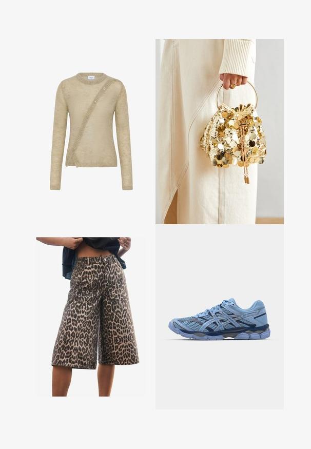Beige trui gemaakt van zachte stof, met lange mouwen, een ronde halslijn en een asymmetrische knoopsluiting aan de voorkant.; Next JORT - Jeansshort - leopard print; ASICS SportStyle GEL CUMULUS 16 UNISEX - Sneakers laag - stone wash/independence blue; Gouden pailletten trekkoord handtas met een ronde handgreep, versierd met glanzende ronde pailletten en een gemêleerde stof. Afmetingen zijn niet opgegeven.
