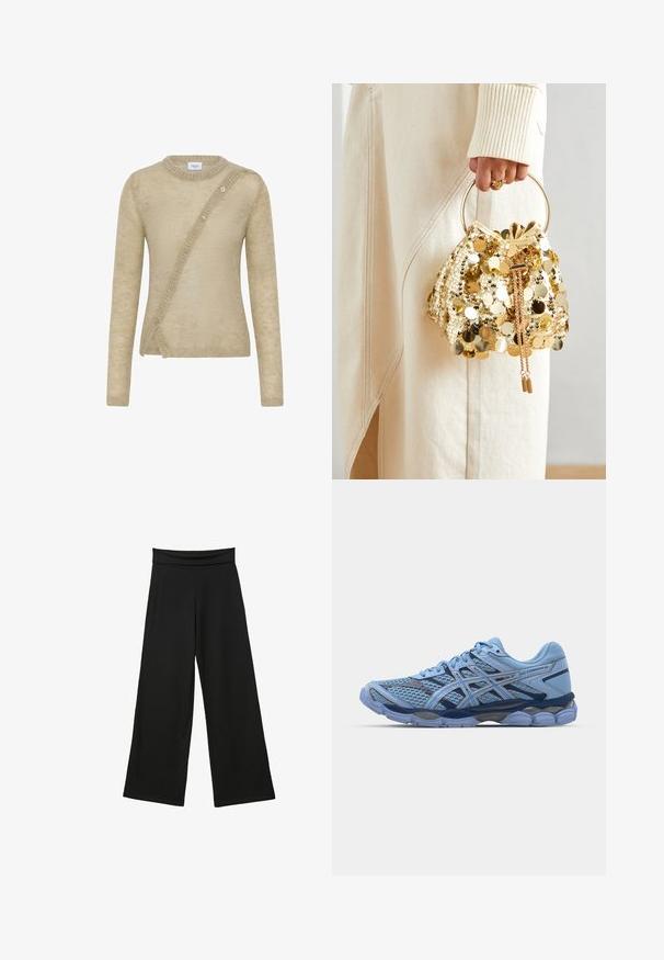 Bežna pulover iz mehkega materiala, z dolgimi rokavi, okroglo ovratnikom in asimetrično zaponko na sprednji strani.; Črne široke hlače iz mehkega blaga, z visokim raztegljivim pasom, dolgimi hlačnicami in brez vidnih vzorcev ali okraskov.; ASICS SportStyle GEL CUMULUS 16 UNISEX - Športni copati - stone wash/independence blue; Zlatna torba s cirkonima na povlačenje s kružnom drškom, koja sadrži sjajne okrugle cirkone i teksturiranu tkaninu. Dimenzije nisu navedene.