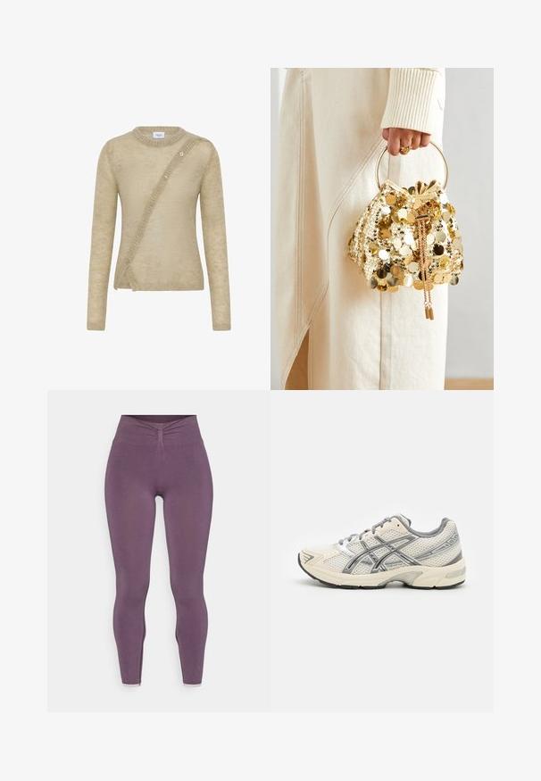 Smėlinis megztinis, pagamintas iš minkštos medžiagos, su ilgomis rankovėmis, apvalia iškirpte ir asimetrišku mygtukų uždarymu priekyje.; Yogasearcher CHENDA SEAMLESS LEGGING - Tamprės - topaze; Bėgimo batai su kvėpuojančiu balto tinklo viršumi, sidabro akcentais, pilkais raišteliais ir tvirtu juodu guma padu. Lengvas, paminkštintas dizainas.; Aukso blizgučių krepšys su virvelėmis ir apvaliu rankenėle, puikiai papildytas blizgučiais ir tekstūruotu audiniu. Išmatavimai nenurodyti.