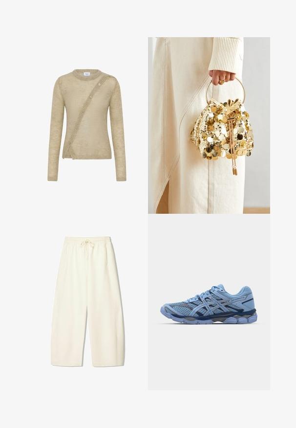 Beiger Pullover aus weichem Material mit langen Ärmeln, einem runden Halsausschnitt und einer asymmetrischen Knopfleiste auf der Vorderseite.; Helle, locker sitzende Hose aus cremefarbenem Stoff mit einem elastischen Bund, Kordelzug und Seitentaschen. Weicher Stoff mit glatter Textur.; ASICS SportStyle GEL CUMULUS 16 UNISEX - Sneaker low - stone wash/independence blue; Goldfarbene Drawstring-Handtasche mit einem runden Griff, verziert mit glänzenden runden Pailletten und einem strukturierten Stoff. Abmessungen sind nicht angegeben.