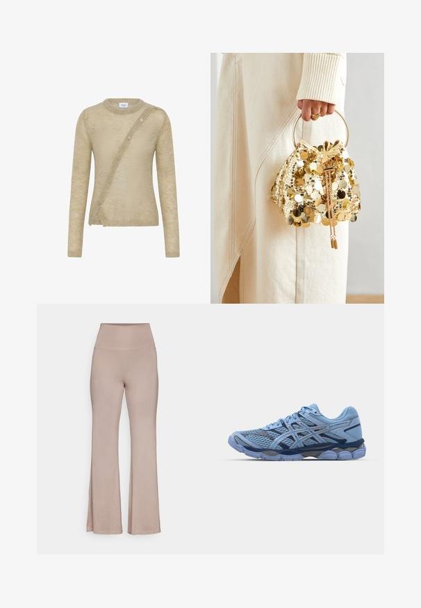 Pulover bej din material moale, cu mâneci lungi, guler rotund și închidere cu butoane asimetrică în față.; Pantaloni evazați cu talie înaltă, de culoare bej deschis, realizați dintr-un material moale, cu o textură netedă și fără modele sau detalii metalice vizibile.; ASICS SportStyle GEL CUMULUS 16 UNISEX - Sneakers low - stone wash/independence blue; Geantă de mână cu mânere circulare, confecționată din paiete aurii, cu un șnur de închidere, având paiete rotunde strălucitoare și o țesătură texturată. Dimensiunile nu sunt furnizate.