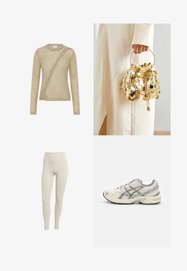 Väri bež punç yafta yažtura, litni çäva qavlahi, rašul mandala nugā un an brukan. Asymetriska kniheļa par samegat.; Beige legginsit, jotka on valmistettu joustavasta kankaasta ja joissa on korkea vyötärö. Tasainen pinta, vartalonmyötäinen muotoilu, ei näkyviä kuvioita tai varusteita.; Juoksukengät, joissa on hengittävä valkoinen verkkopäällinen, hopeiset yksityiskohdat, harmaat nauhat ja kestävä musta kumipohja. Kevyt ja pehmeä malli.; Kultaista paljettikangasta oleva nyöriolkalaukku, jossa on pyöreä kahva, kiiltävät pyöreät paljetit ja teksturoitu kangas. Mittoja ei ole ilmoitettu.