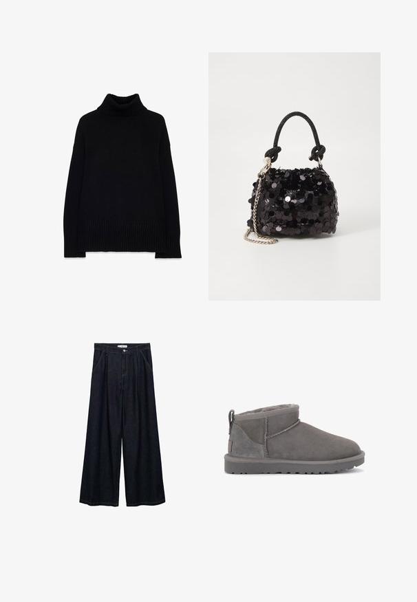 Schwarzer Strickpullover mit Rollkragen, legerer Passform, gerippten Bündchen und geripptem Saum. Aus dickem, strukturiertem Stoff mit einem glatt verarbeiteten Kragen.; Dunkelblaue, weite High-Waist-Hosen aus Denim mit einem Knopfverschluss vorne, zwei Seitentaschen und Nähdetails.; Graue Wildleder-Stiefeletten mit einem weichen Innenfutter, minimalen Nähten und einer geformten Gummisohle. Mit einem Zugband an der Rückseite.; Schwarze Pailletten-Mini-Handtasche mit einem geknoteten, strukturierten Tragegurt und einer silbernen Kette. Abgerundete Form mit gerafftem oberen Teil und reflektierenden Details.