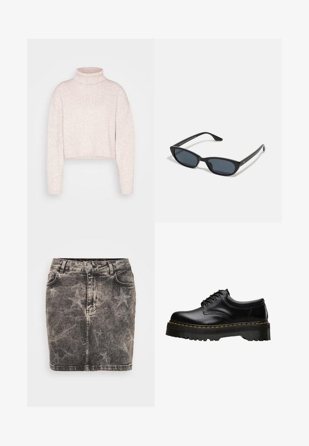 Világos rózsaszín bordázott garbó pulóver, rövidített hosszúságú, hosszú ujjú és puha tapintású. Minimalista dizájn, látható fémalkatrészek nélkül.; Fekete denim mini szoknya, elhalványult csillagmintával. Magas derekú, öt zsebbel és kontrasztos varrással rendelkezik. Klasszikus gombos záródás.; Fekete bőr fűzős cipő, vastag, fogazott fekete gumitalppal és sárga varrással a széleken, sima felülettel.; Fekete macska-szem napszemüveg sötét lencsékkel, műanyag kerettel, karcsú szárakkal és diszkrét márkázással a belső karon. Matt felület.